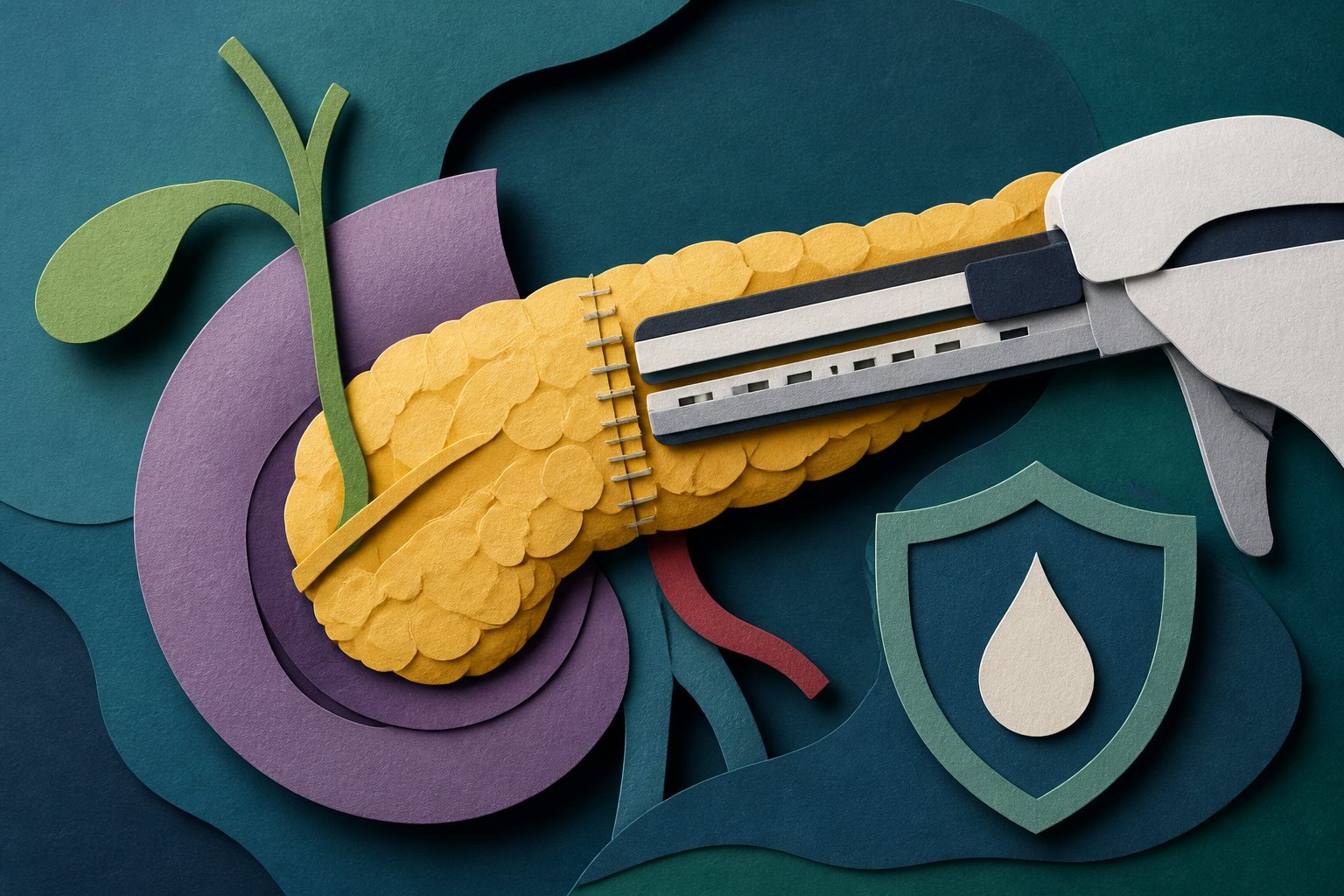Abstract editorial illustration accompanying the article: Review finds reinforced staplers linked to fewer pancreatic leaks after surgery