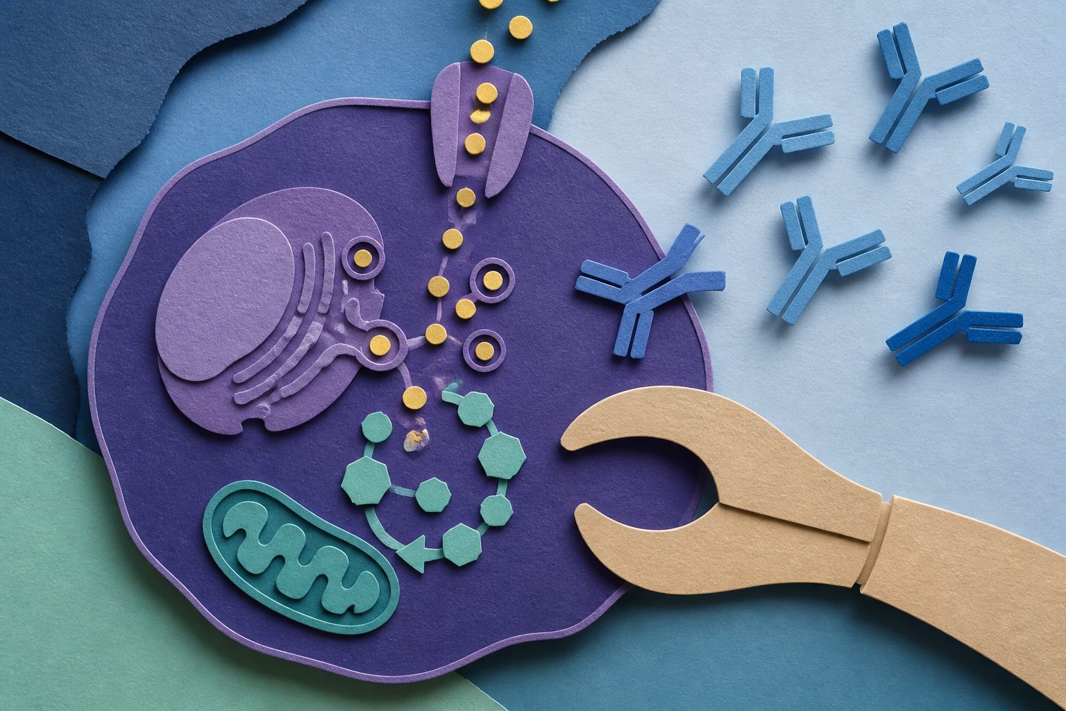 Abstract editorial illustration accompanying the article: Targeting antibody-making cells may help hard-to-treat autoimmune disease