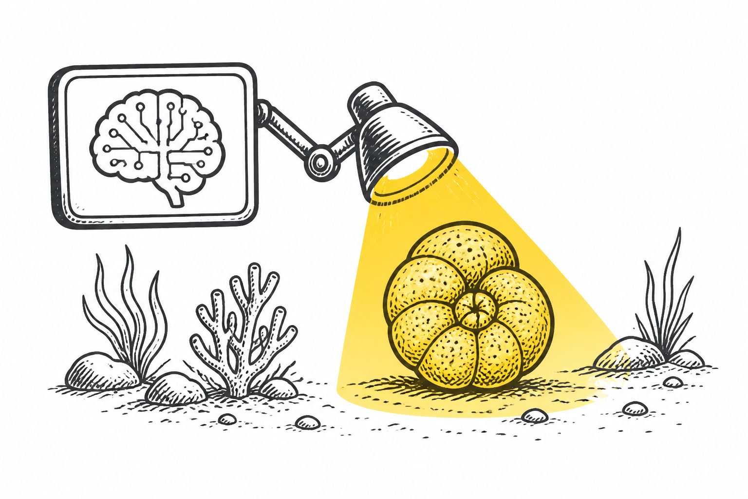 Abstract editorial illustration accompanying the article: AI identifies living seafloor foraminifera with up to 94.2% accuracy