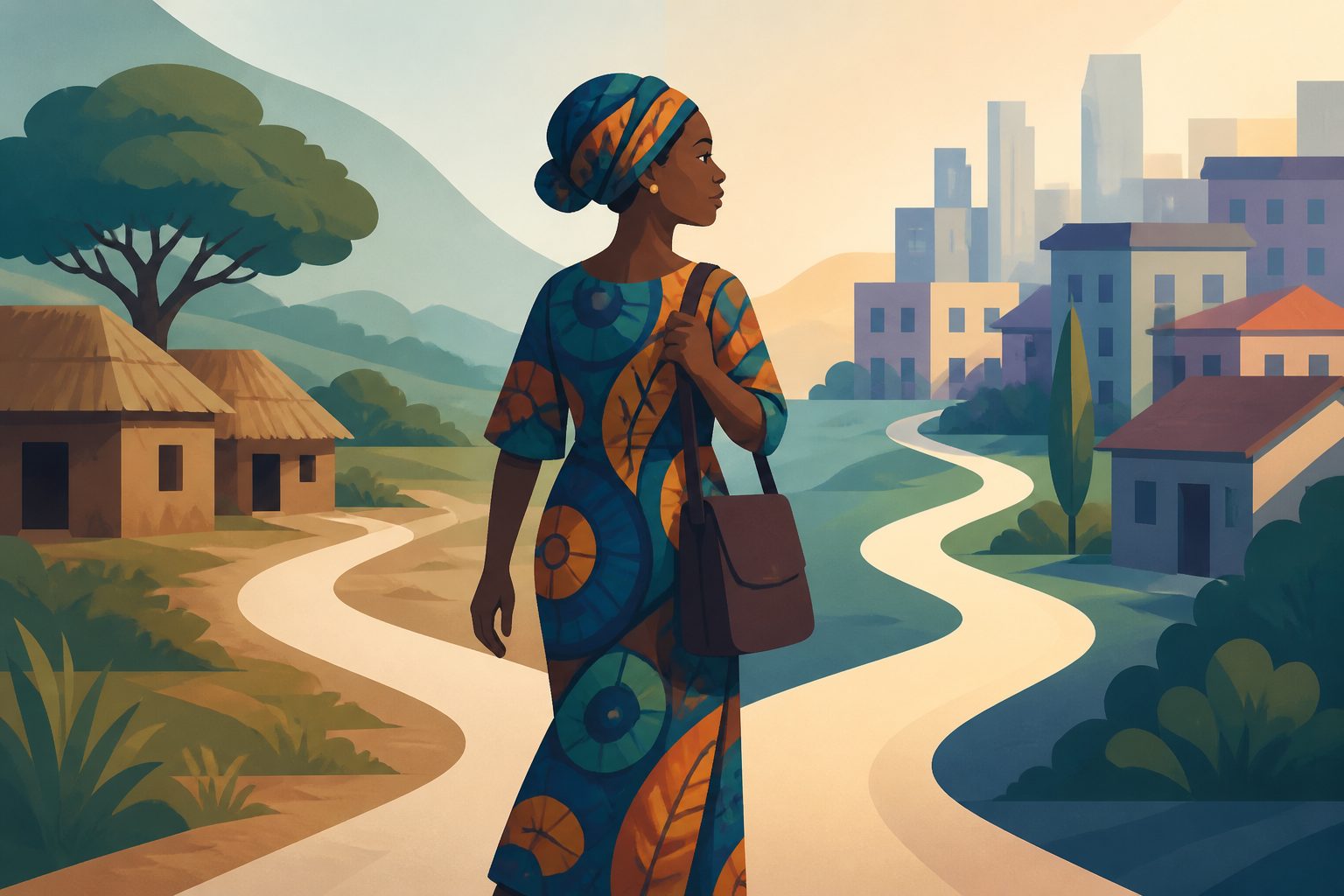 Abstract editorial illustration accompanying the article: Where women live and whether they have moved were linked to empowerment in Nigeria