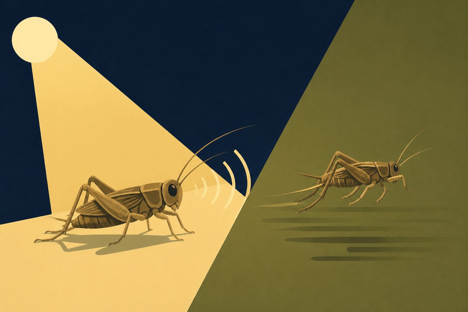 Abstract editorial illustration accompanying the article: Aging crickets call less, but their movement does not decline uniformly