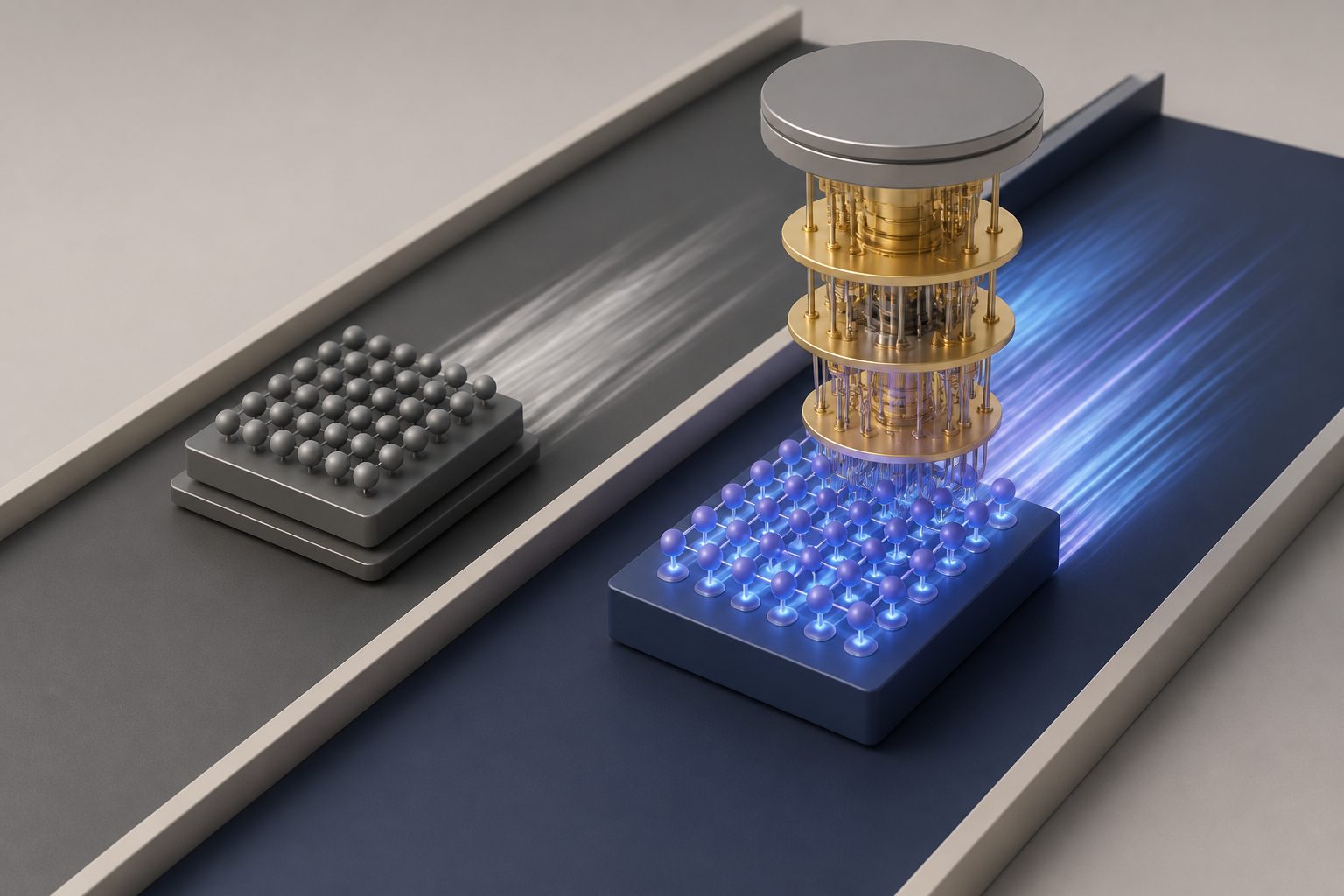 Abstract editorial illustration accompanying the article: A quantum method beat a classical benchmark on 72- and 148-qubit devices