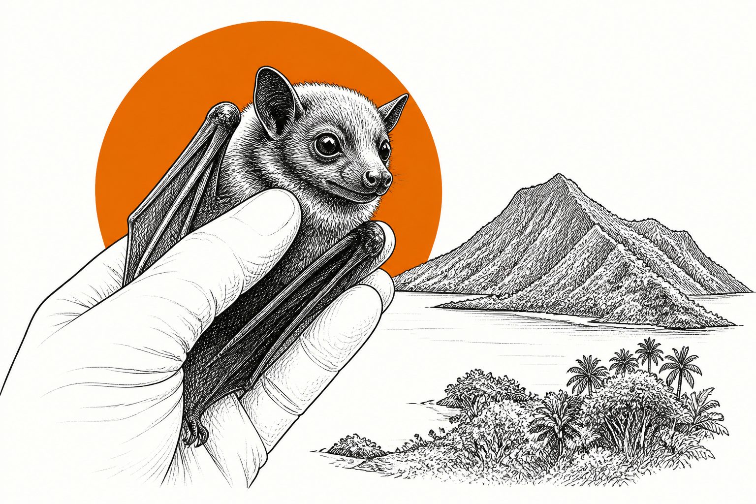 Abstract editorial illustration accompanying the article: A rarely detected bat is confirmed on remote Flores Island