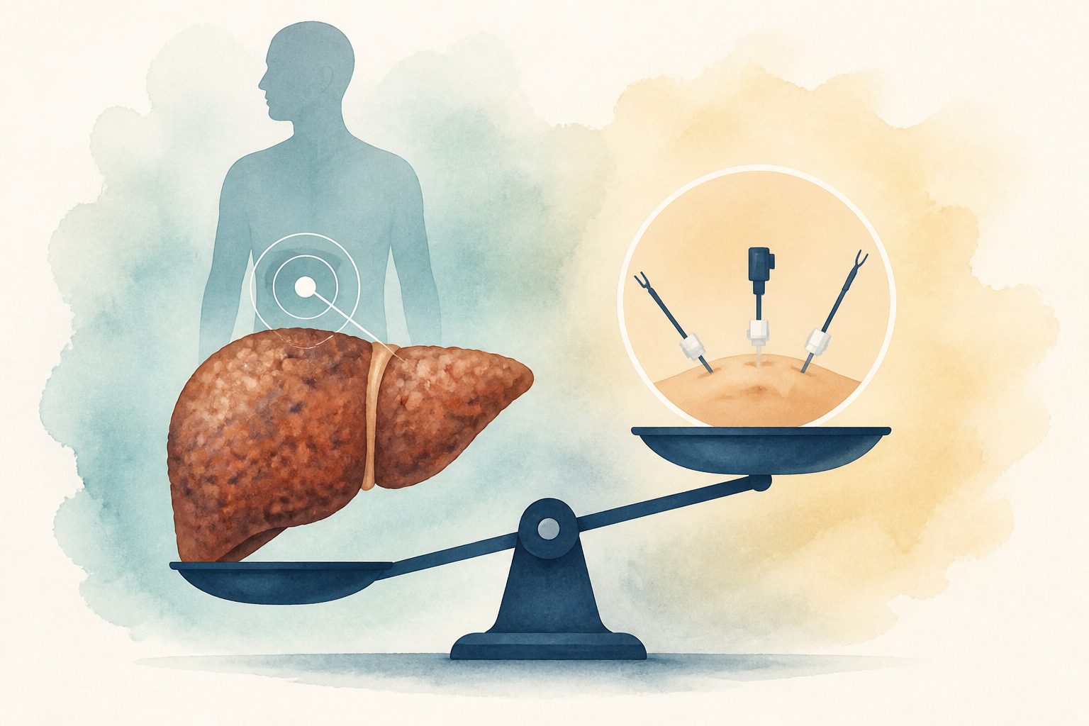 Abstract editorial illustration accompanying the article: Review finds higher short-term risks for some people with cirrhosis after keyhole liver surgery