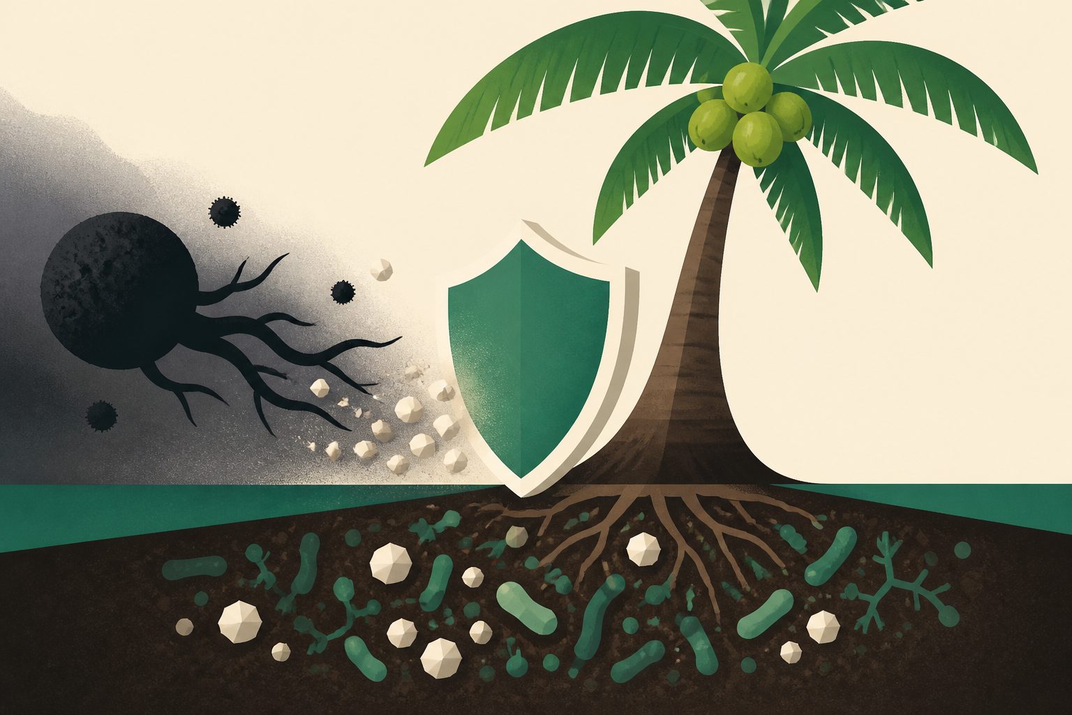 Abstract editorial illustration accompanying the article: Soil microbes and calcium helped curb a coconut-damaging fungus