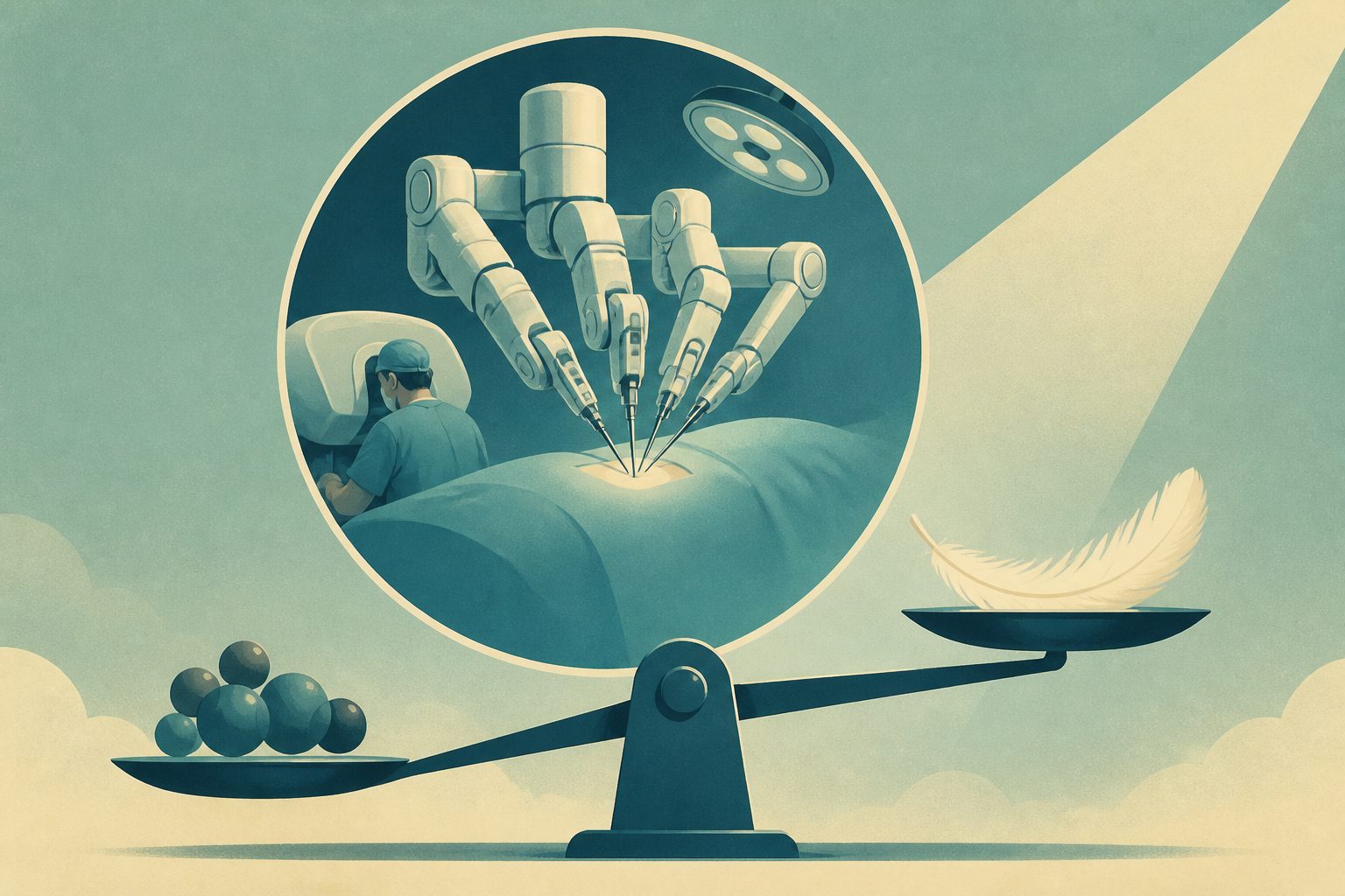 Abstract editorial illustration accompanying the article: Study links robot-assisted cancer surgery with fewer short-term complications