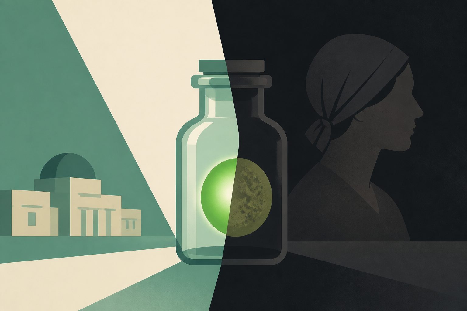 Abstract editorial illustration accompanying the article: Review traces radium’s health risks and limited uses in cancer care