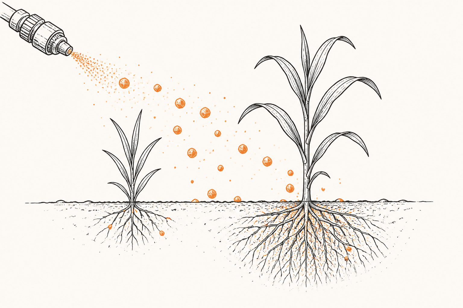 Abstract editorial illustration accompanying the article: Tiny mineral sprays release phosphorus slowly, but crops absorb them differently