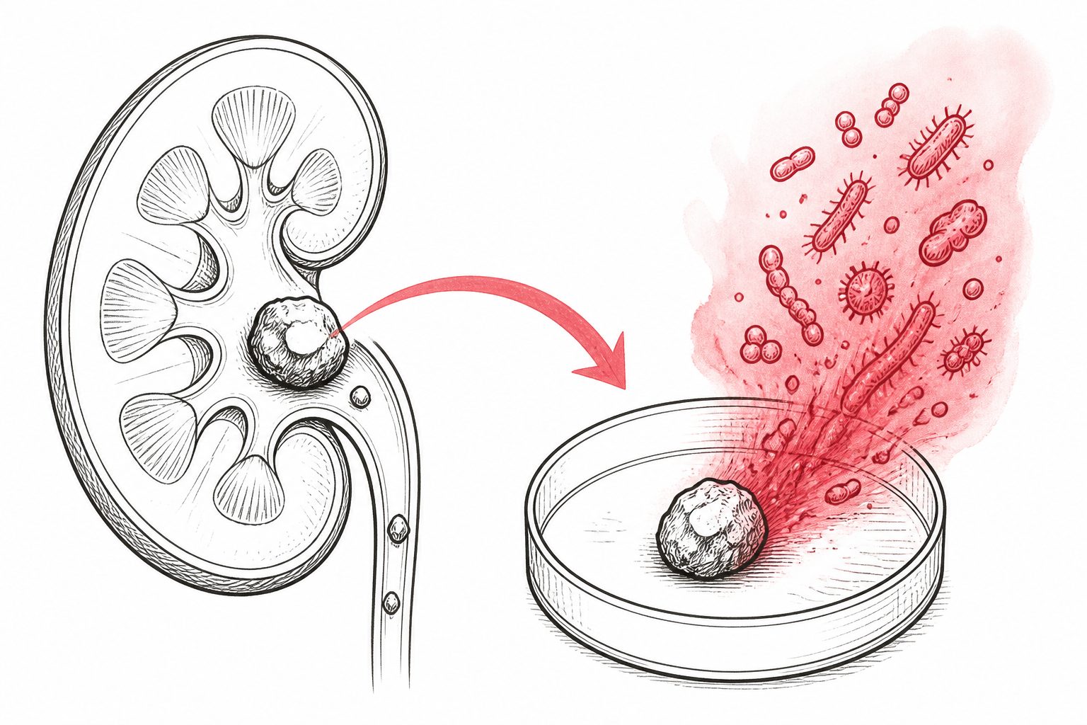 Abstract editorial illustration accompanying the article: Researchers report stone cultures were linked with more sepsis after urinary stone procedures