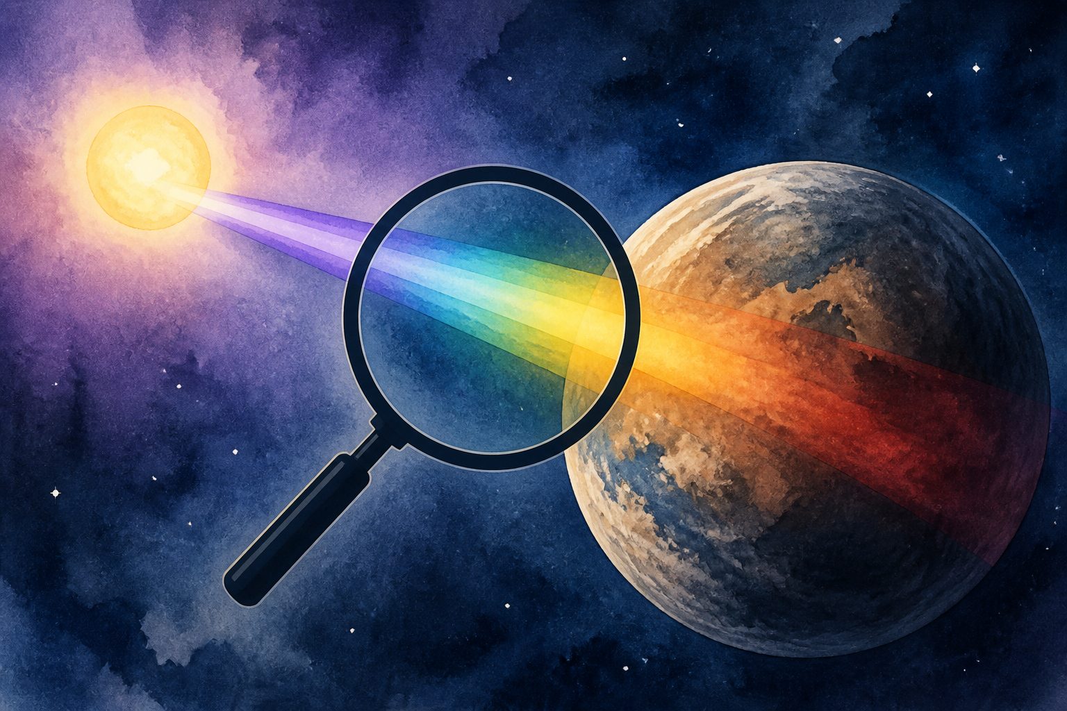 Abstract editorial illustration accompanying the article: A search for life on rocky planets may need ultraviolet to infrared light