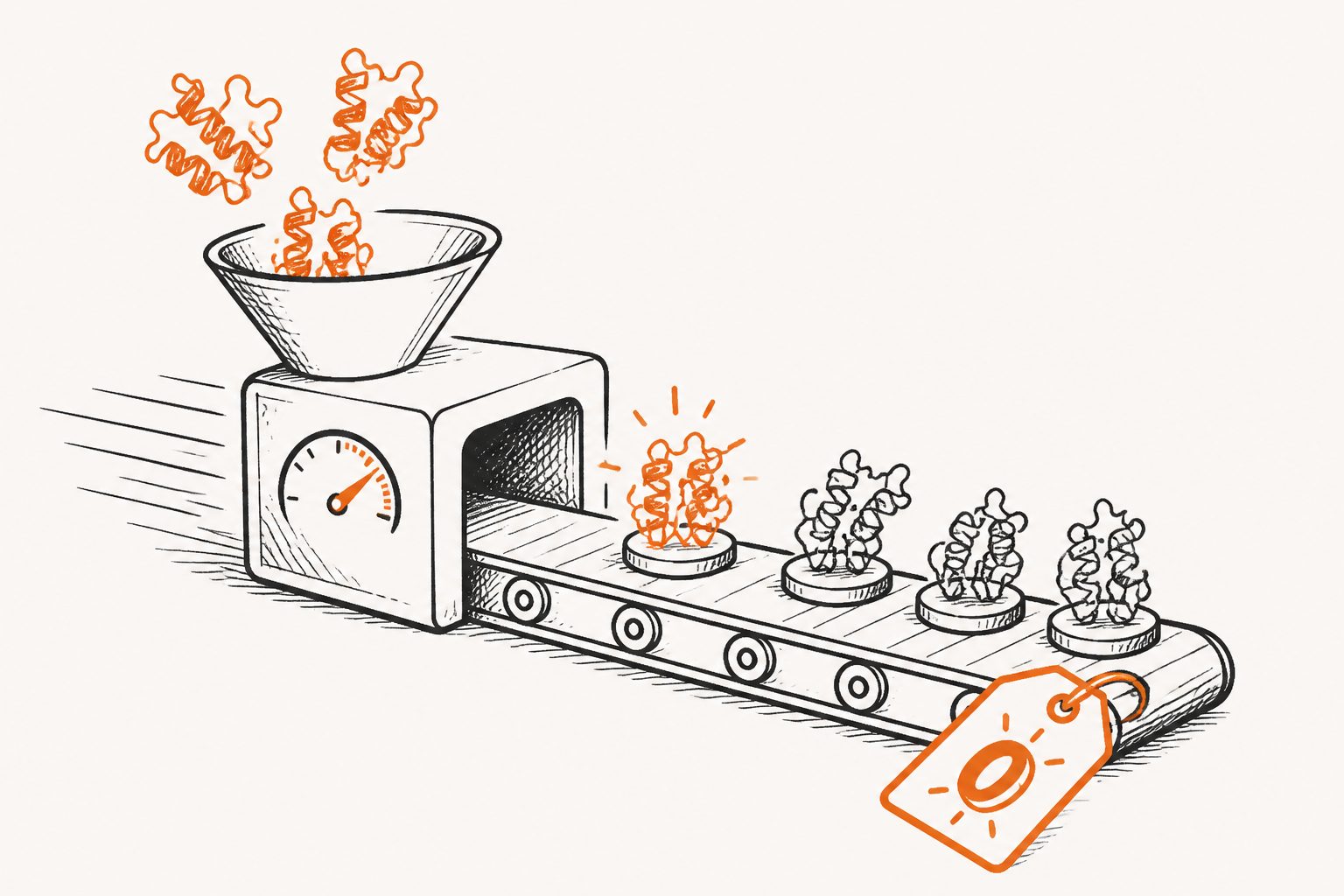 Abstract editorial illustration accompanying the article: A faster way to test designed proteins could bring each test down to $5