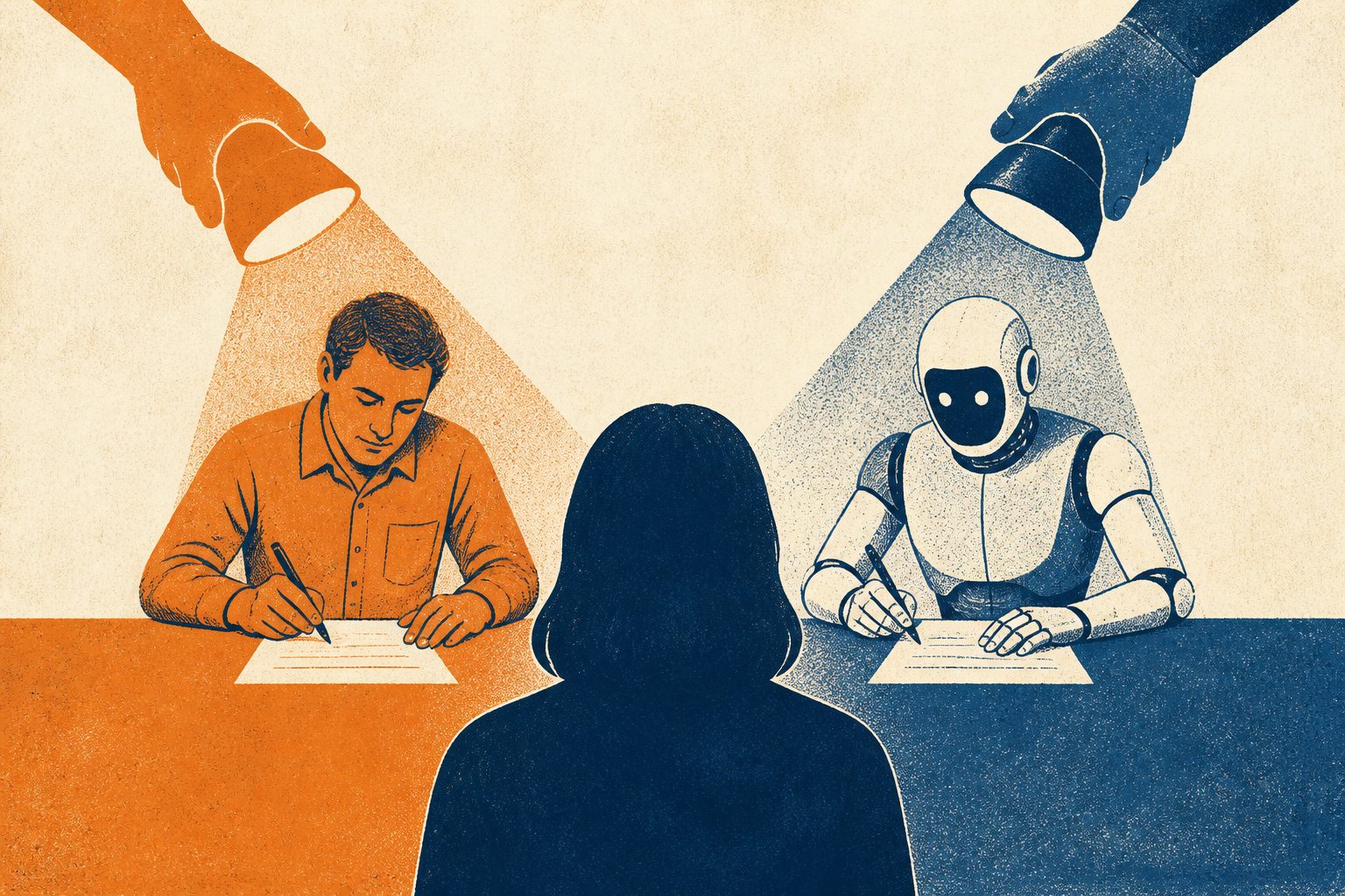 Abstract editorial illustration accompanying the article: Readers saw human authors as more competent than AI authors, study finds