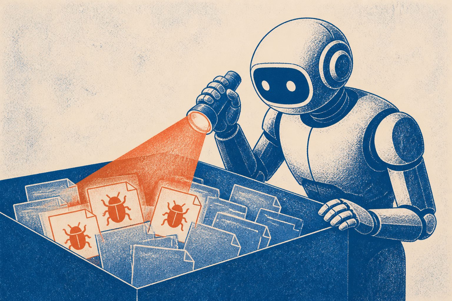 Abstract editorial illustration accompanying the article: Better-trained AI finds more flaws in unfamiliar software projects