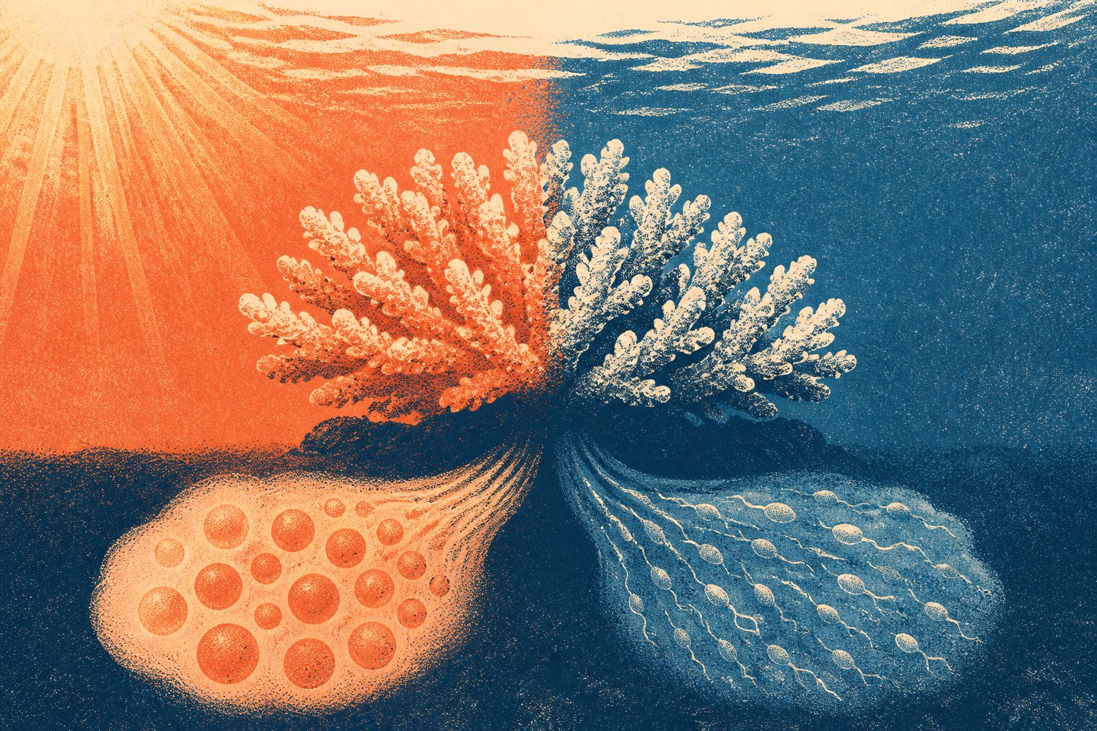 Abstract editorial illustration accompanying the article: Heat before spawning changed how coral colonies invested in eggs and sperm