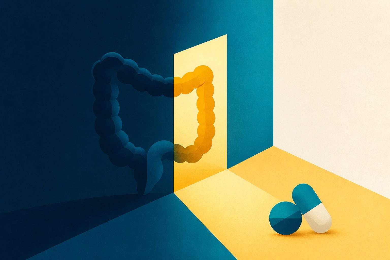 Abstract editorial illustration accompanying the article: Trial reports 40% complete response with added drugs in high-risk rectal cancer