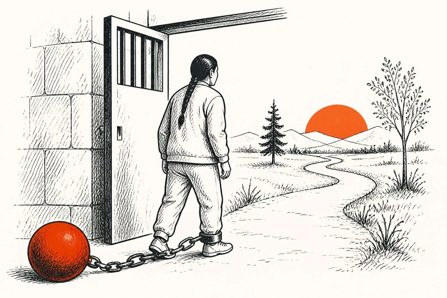 Abstract editorial illustration accompanying the article: For long-term prisoners in Canada, life after prison can seem less manageable