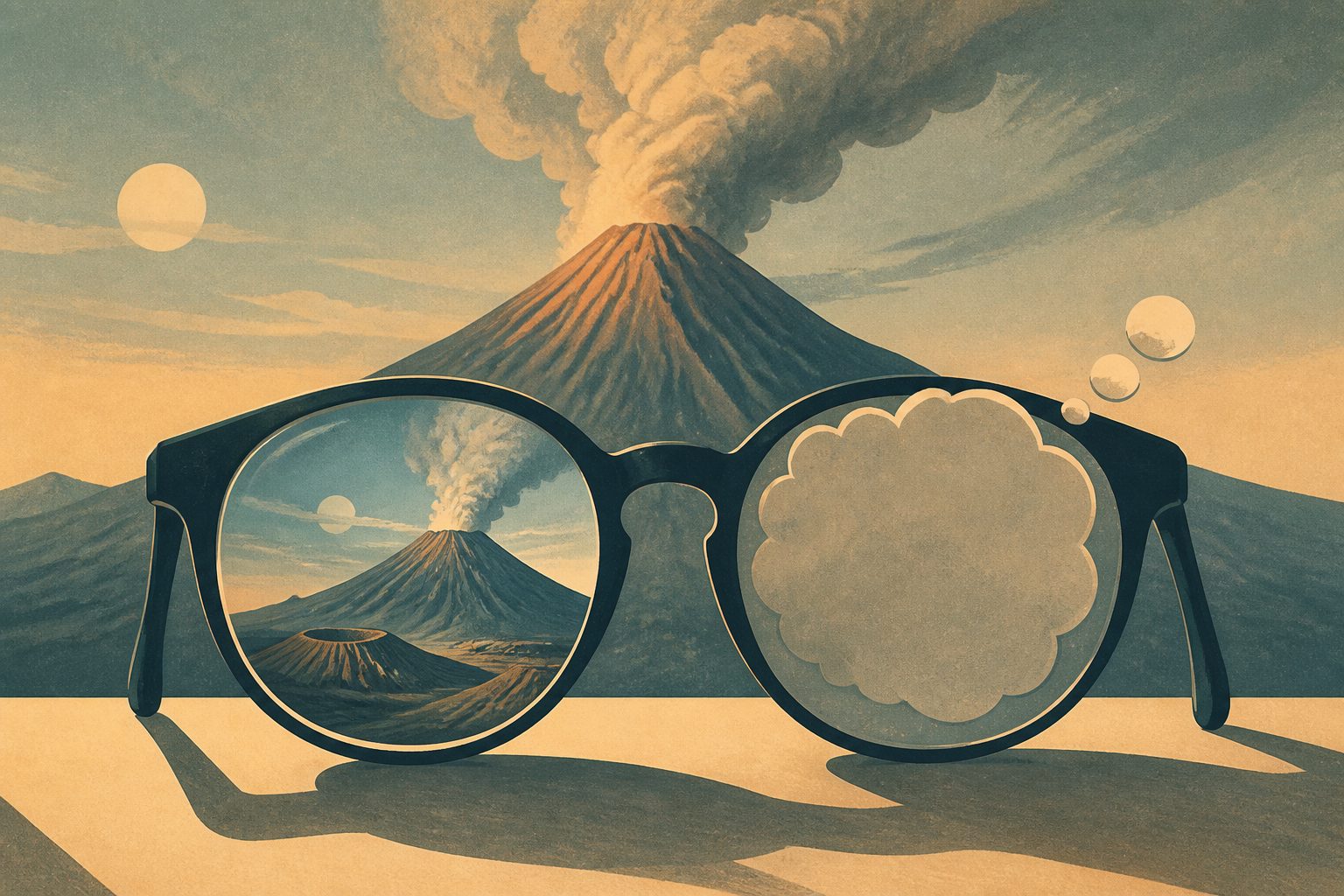 Abstract editorial illustration accompanying the article: What recent eruptions reveal about persistent volcano misconceptions