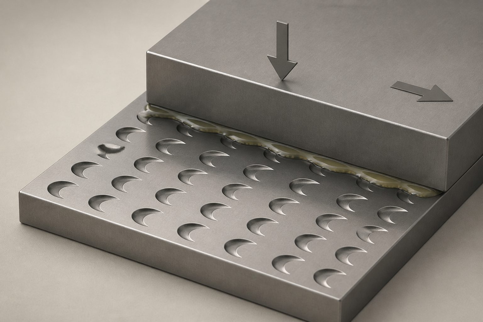 Abstract editorial illustration accompanying the article: A moon-shaped pattern cut steel friction by up to 52%