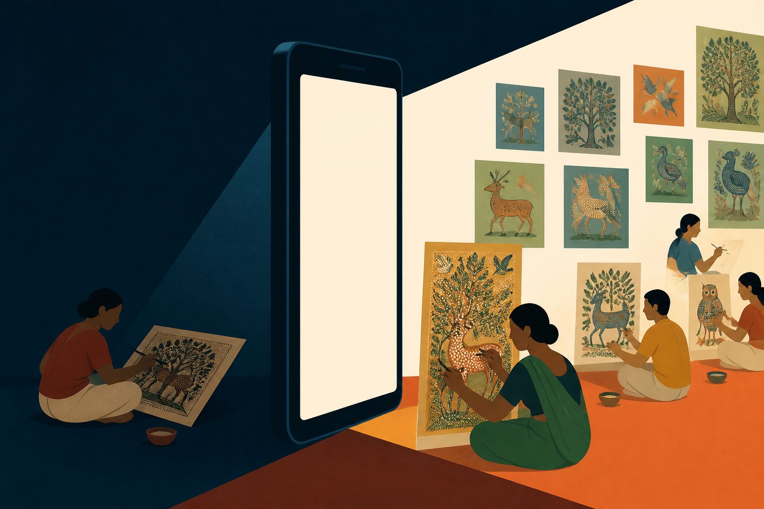 Abstract editorial illustration accompanying the article: Digital markets widen Gond painting’s reach—but not equally for all artists