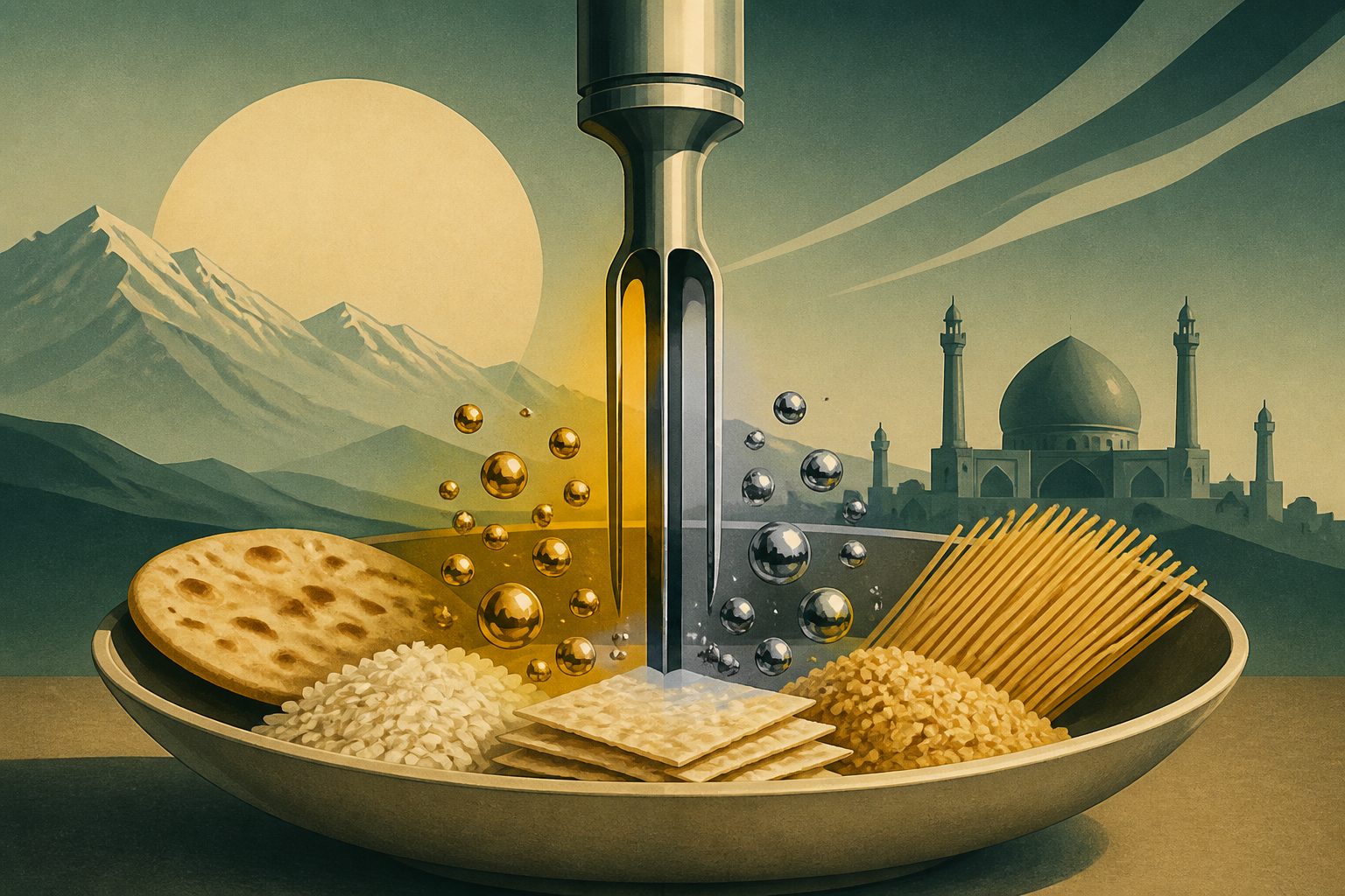 Abstract editorial illustration accompanying the article: Arsenic and mercury risks varied sharply across Iranian cereal products