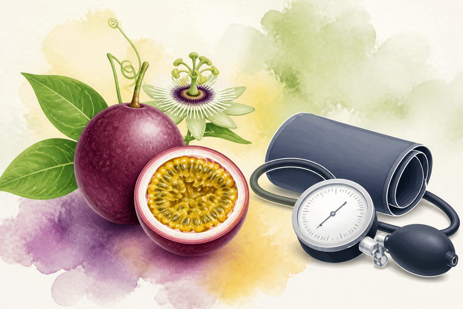Abstract editorial illustration accompanying the article: Review examines passion fruit and blood pressure in animal and human studies