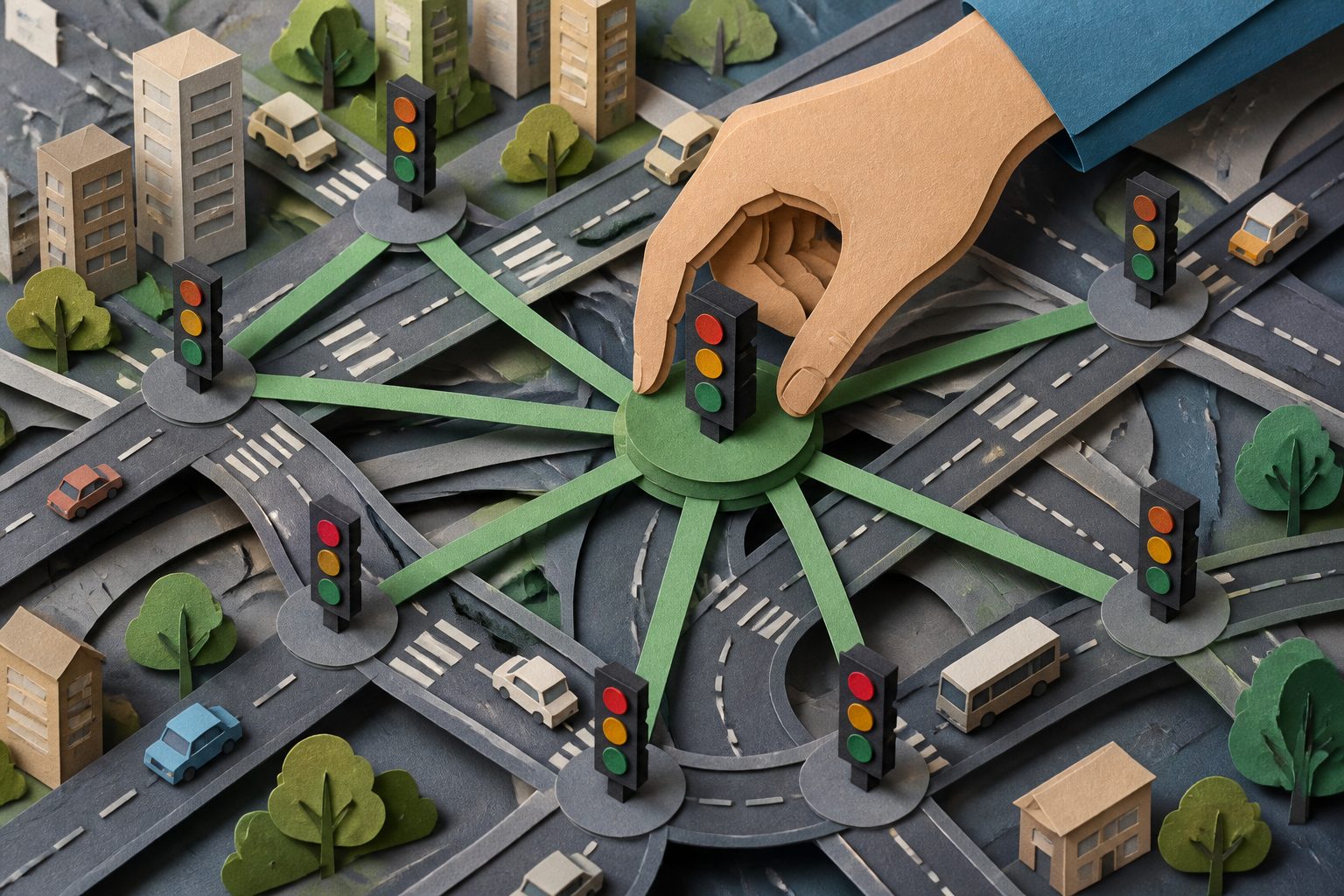Abstract editorial illustration accompanying the article: A new traffic-planning method handles more controls across complex road networks