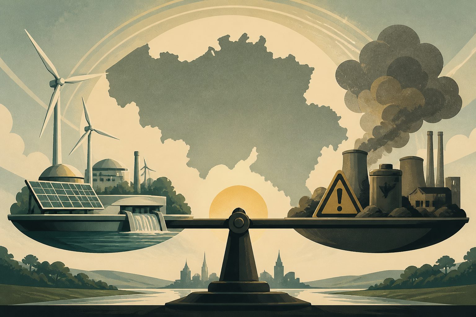 Abstract editorial illustration accompanying the article: Belgium’s low-carbon energy plans could cut climate pollution but raise other risks