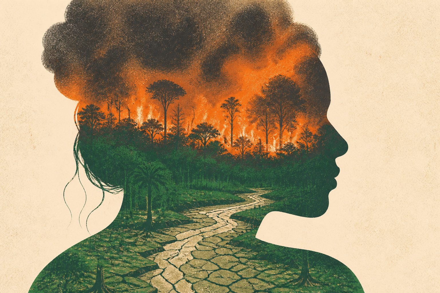 Abstract editorial illustration accompanying the article: Amazon droughts intensify wildfire pollution and estimated health risks