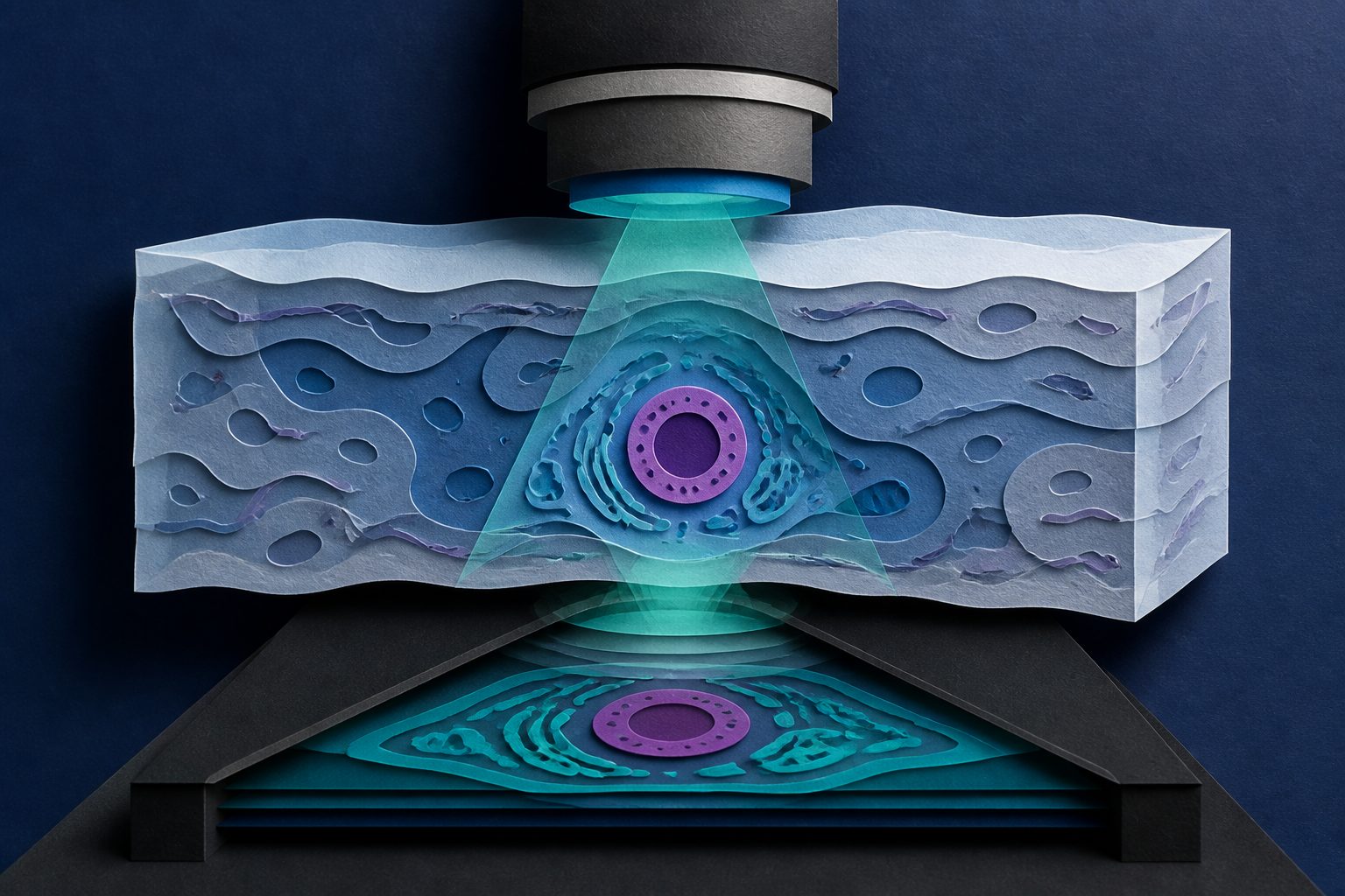 Abstract editorial illustration accompanying the article: A new way to map cell detail inside thick samples needs no added labels