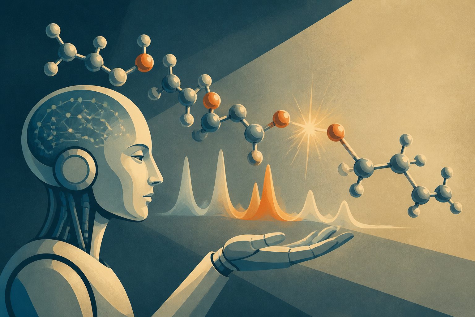 Abstract editorial illustration accompanying the article: An AI system learns to model chemical bonds breaking across many molecules
