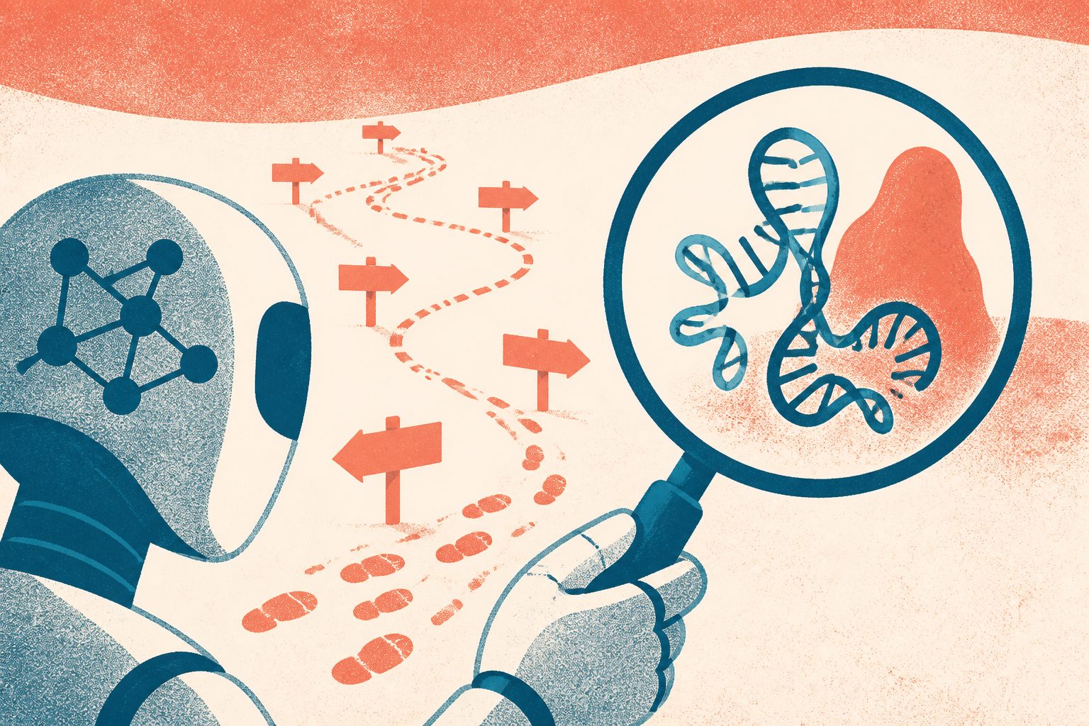 Abstract editorial illustration accompanying the article: RNA splicing tools can follow irrelevant clues and miss RNA’s shape
