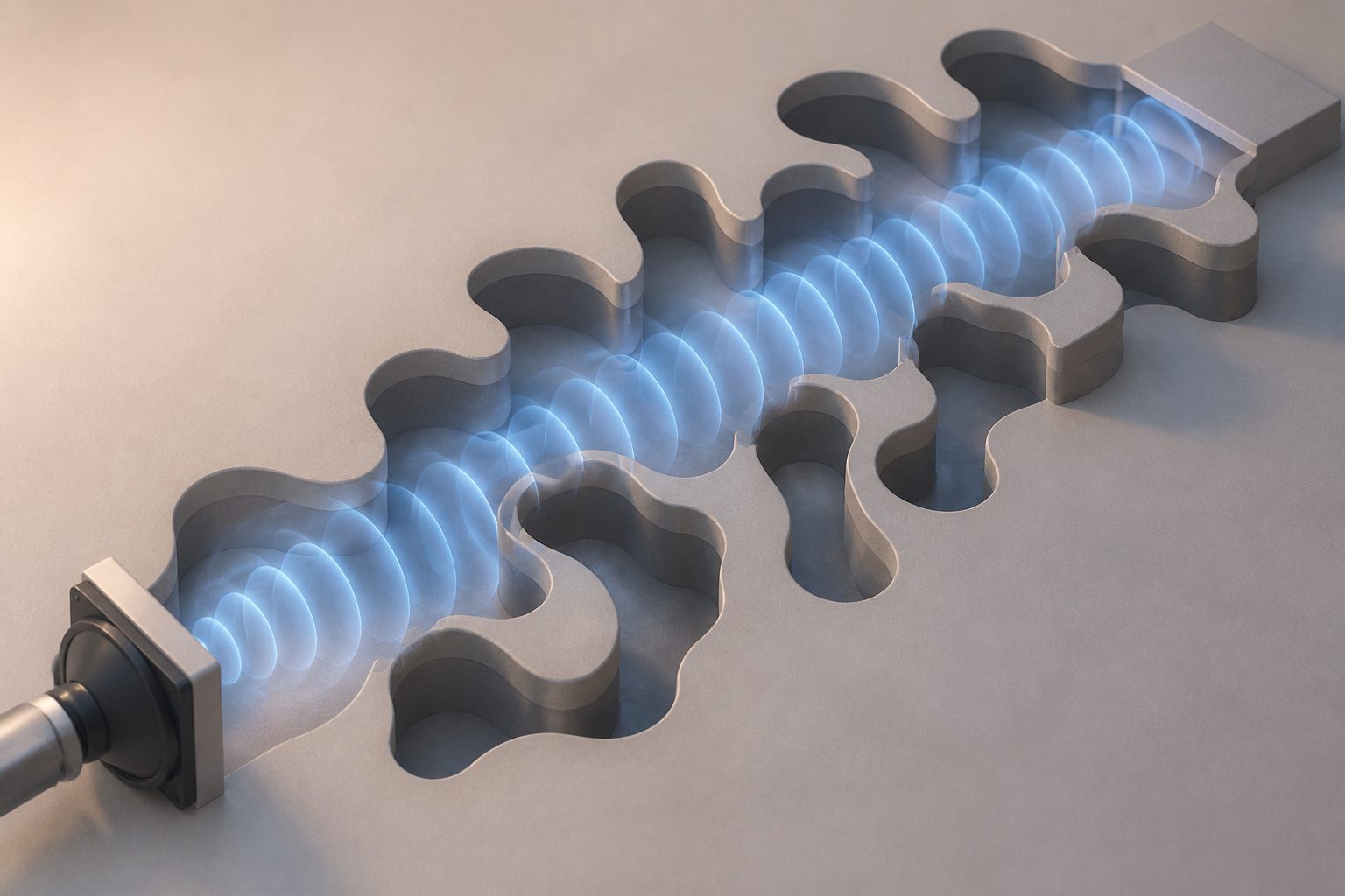 Abstract editorial illustration accompanying the article: Sound waves traveled steadily despite being confined to irregular spots