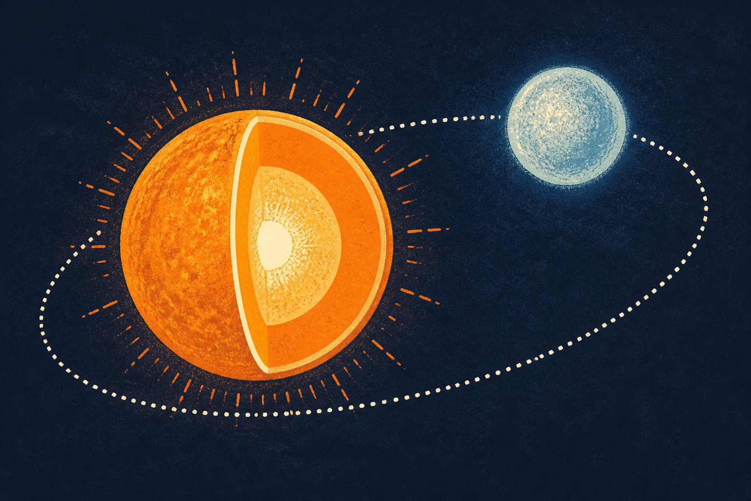 Abstract editorial illustration accompanying the article: Pulsating stars in binary systems can reveal what happens inside them