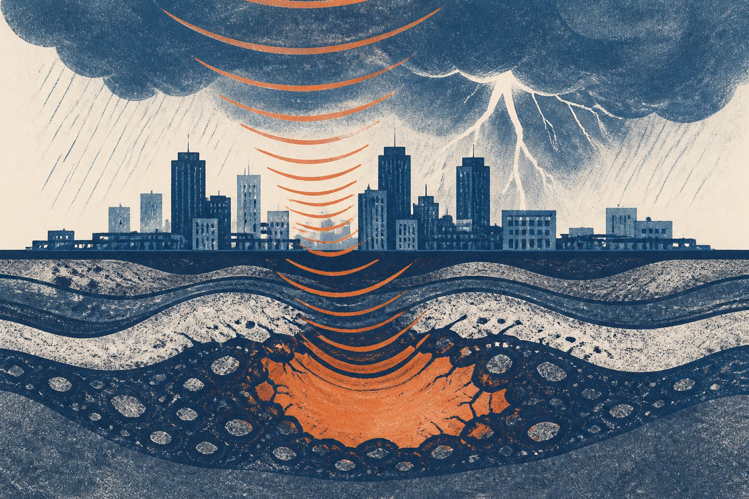 Abstract editorial illustration accompanying the article: Thunderstorms reveal weak zones beneath an urban area