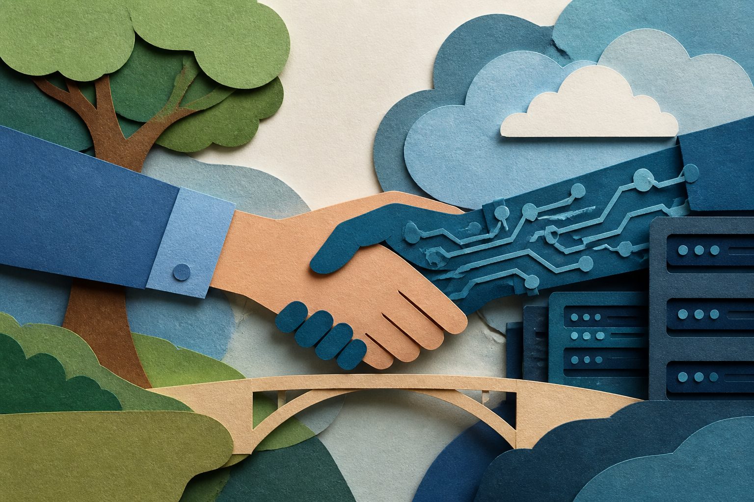 Abstract editorial illustration accompanying the article: Reliable AI partnerships depend on people, not just stronger models