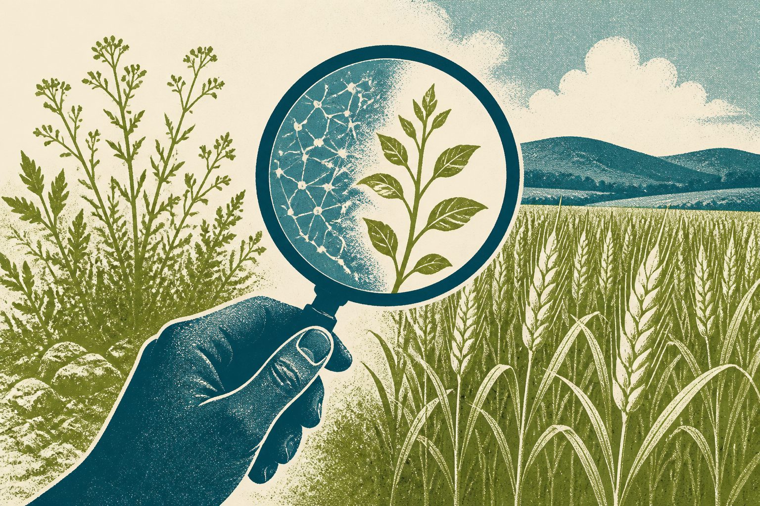 Abstract editorial illustration accompanying the article: AI could help breeders find climate-ready traits in wild crop relatives