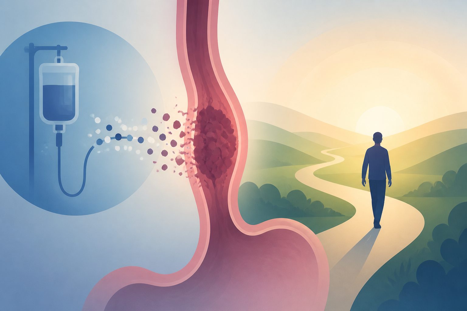 Abstract editorial illustration accompanying the article: Review suggests chemotherapy may improve overall survival in esophageal cancer