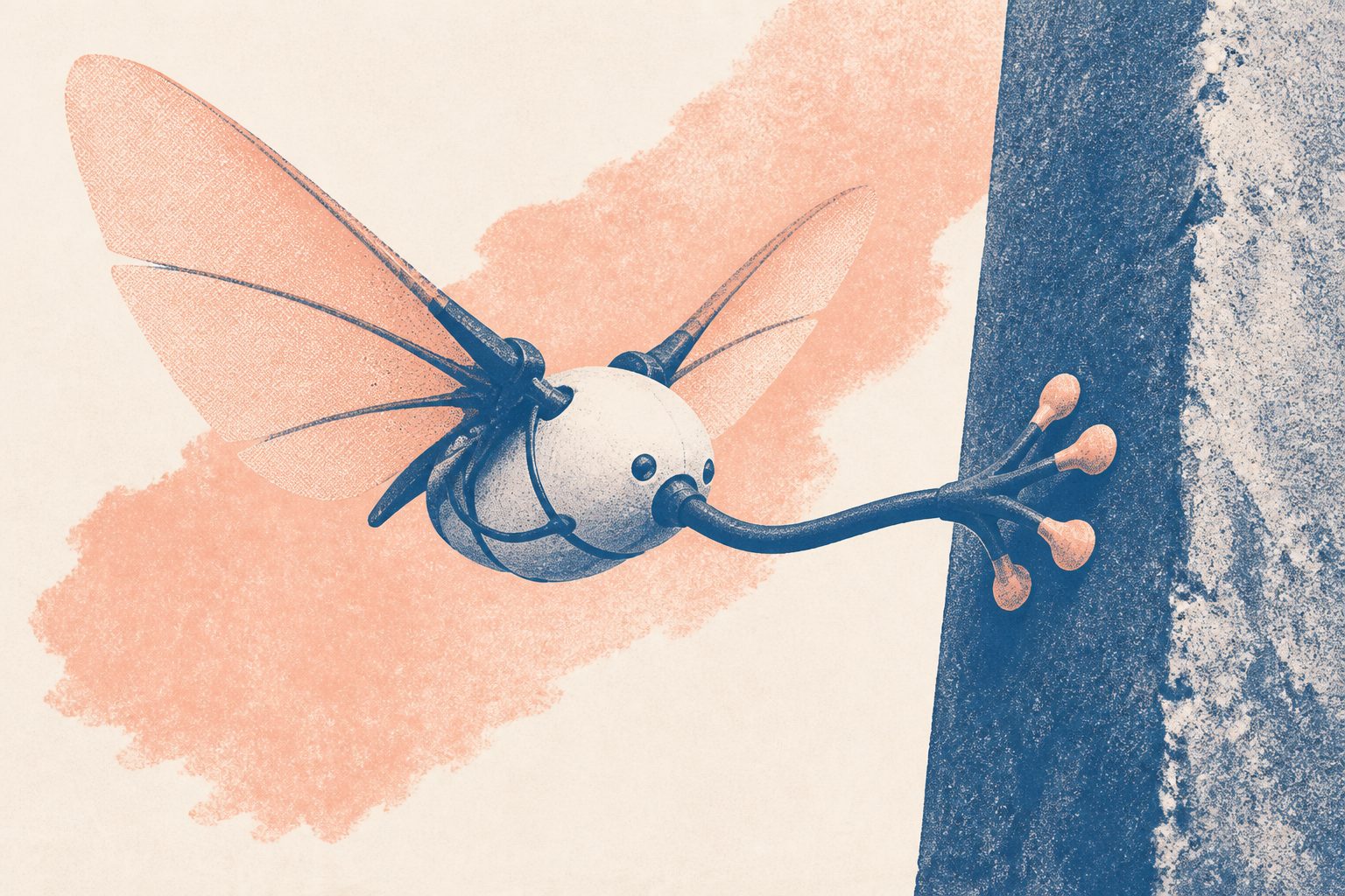 Abstract editorial illustration accompanying the article: A flying robot used touch to perch on unfamiliar structures