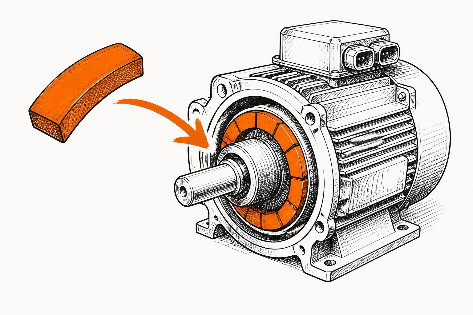 Abstract editorial illustration accompanying the article: Ferrite magnets offer a route to electric-car motors without rare earths