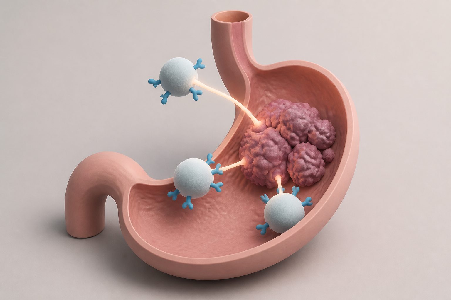 Abstract editorial illustration accompanying the article: Review examines targeted immune-cell treatments in stomach and junction cancers