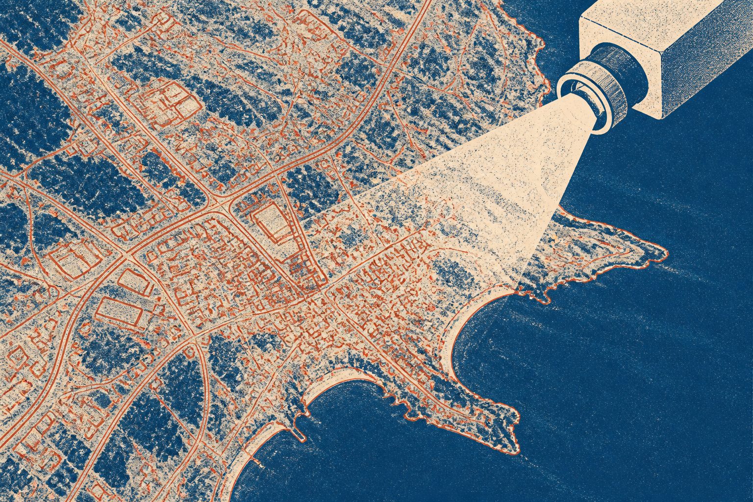 Abstract editorial illustration accompanying the article: An AI system outlines nearly all objects in huge images of the Earth