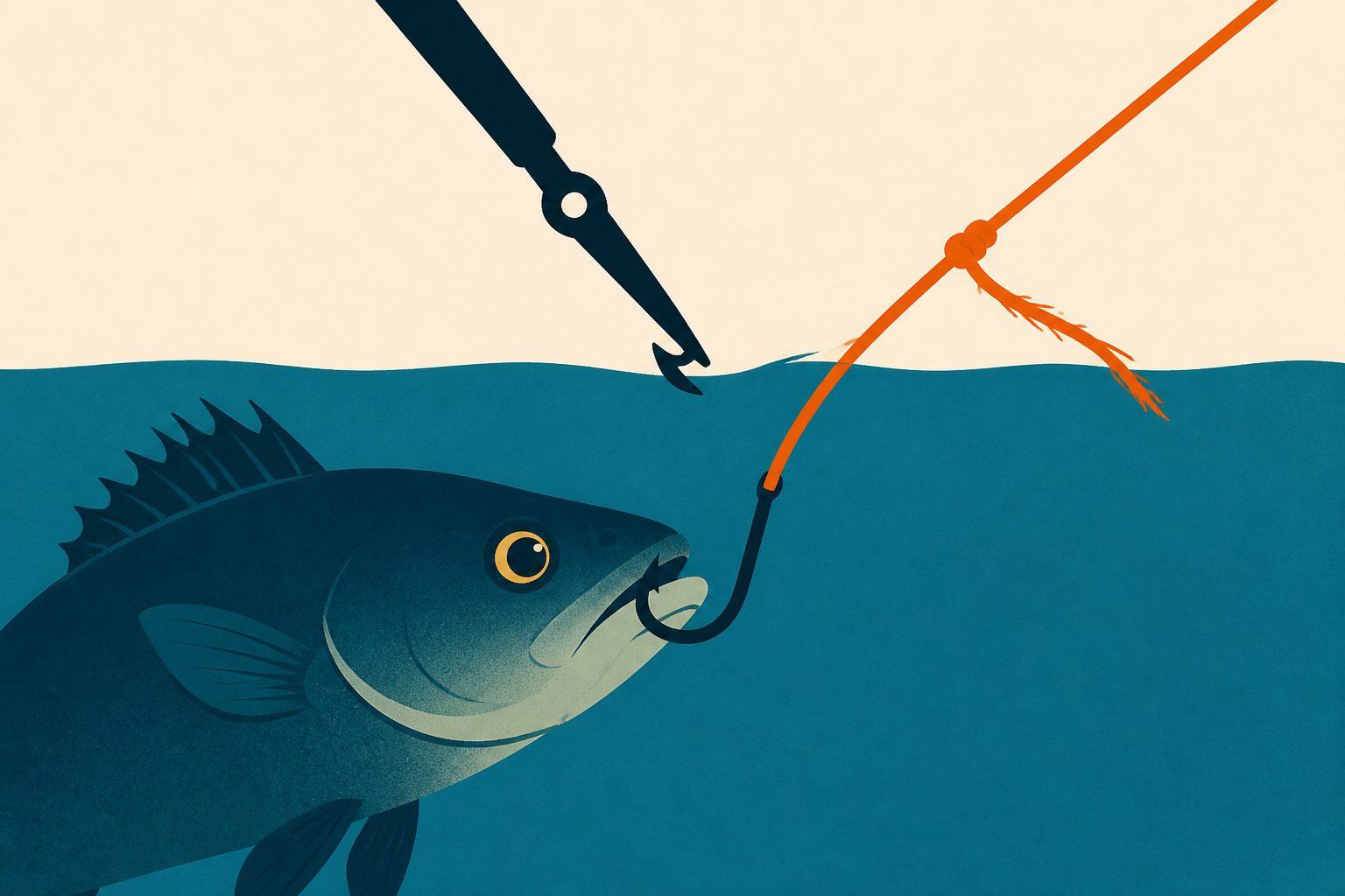 Abstract editorial illustration accompanying the article: For Deep-Hooked Bogue, De-Hookers Did No Better Than Cutting the Line