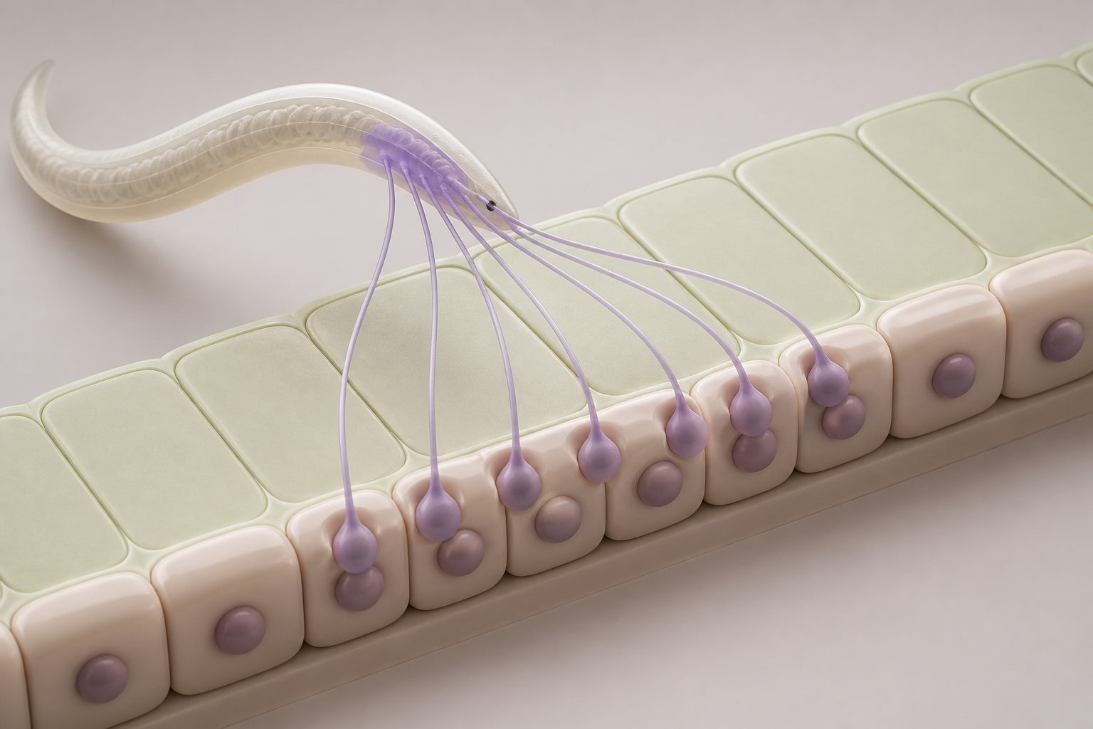 Abstract editorial illustration accompanying the article: Tiny worm’s hairlike sensors make contacts in a set pattern