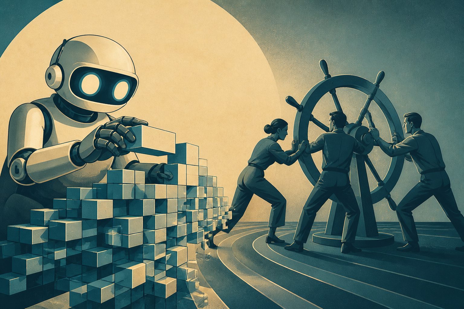 Abstract editorial illustration accompanying the article: GitHub Copilot was linked to more open-source code—and slower coordination