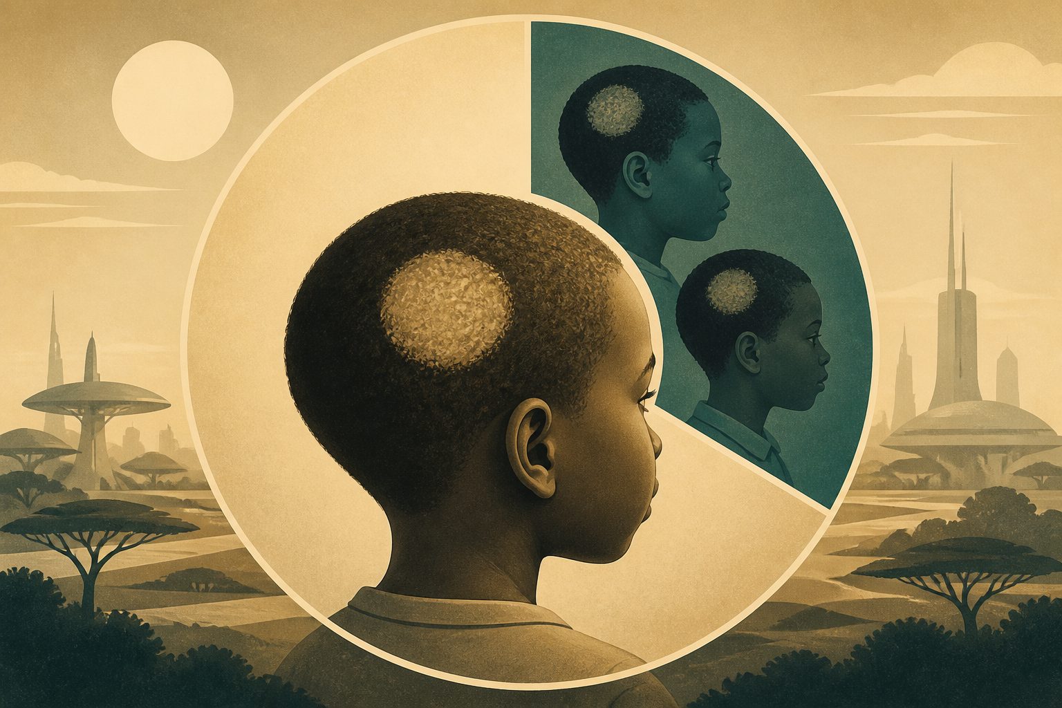 Abstract editorial illustration accompanying the article: Review estimates scalp ringworm affects about one in three children in Sub-Saharan Africa