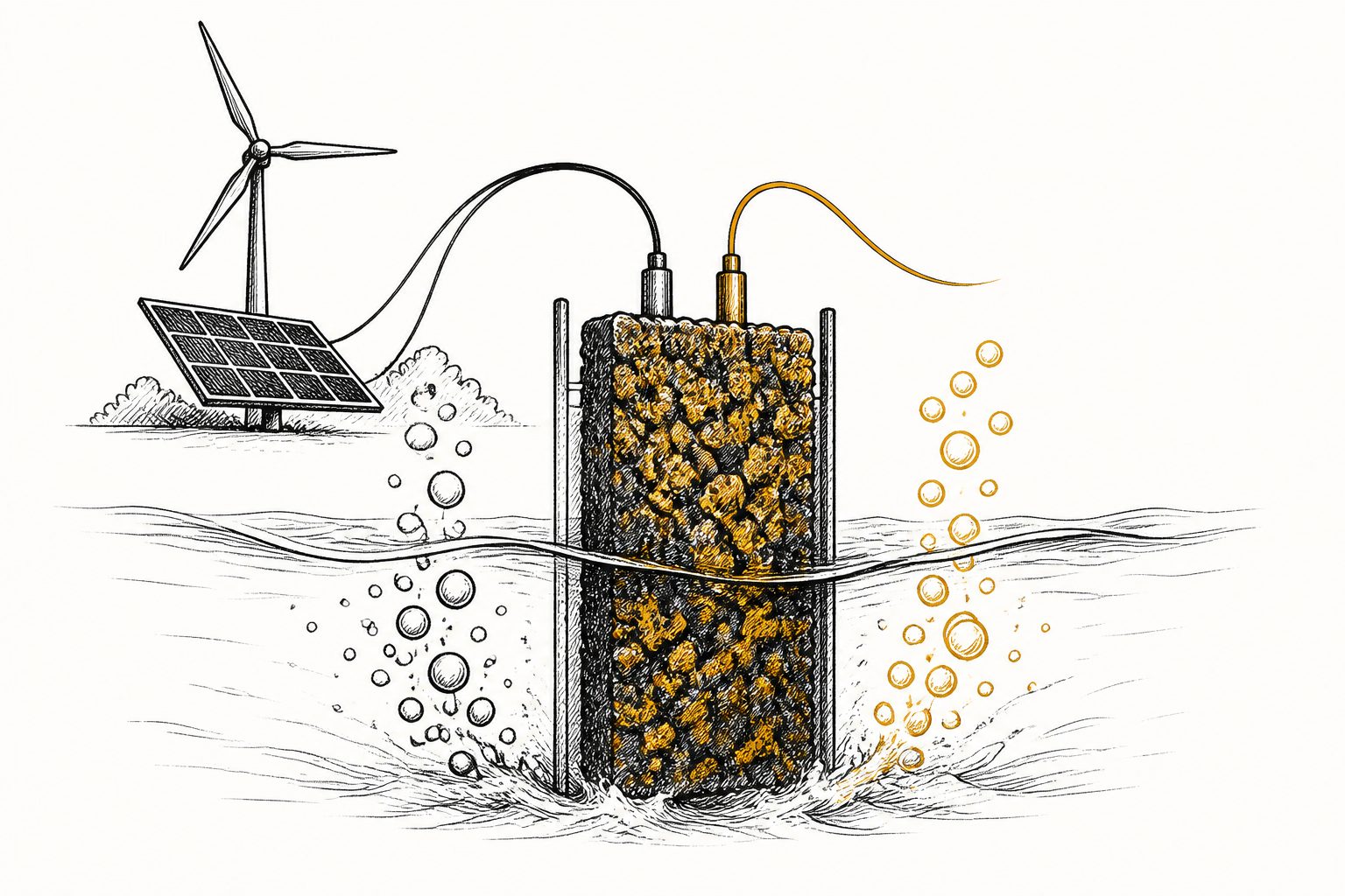 Abstract editorial illustration accompanying the article: A nickel-iron catalyst kept water splitting running for more than 3,400 hours