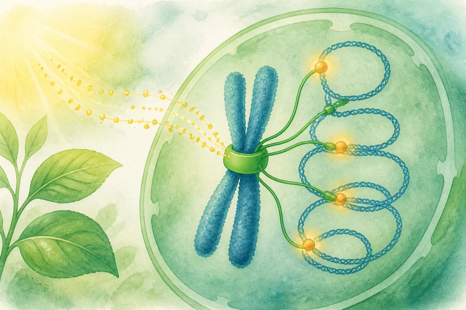Abstract editorial illustration accompanying the article: A chromosome organizer helps genes respond more reliably to outside signals