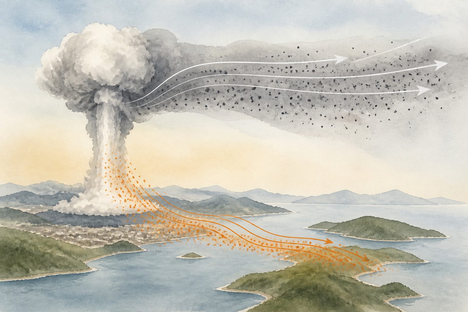 Abstract editorial illustration accompanying the article: In a Nagasaki bomb simulation, dust and radioactive material took different paths
