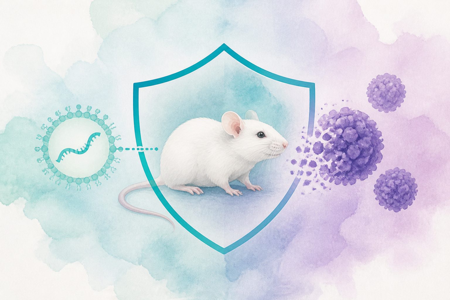 Abstract editorial illustration accompanying the article: Review finds mRNA HPV vaccines showed effects in animal models