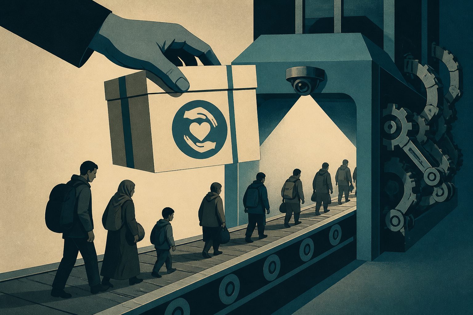 Abstract editorial illustration accompanying the article: How migrant aid can become a system of work and control